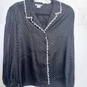 VTG Black Checkered Blouse with White Appliqué Trim